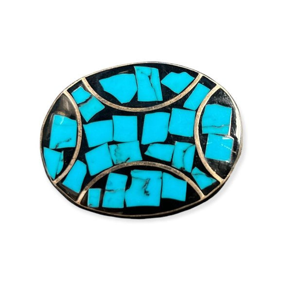 Vintage Jewelry - Vintage Oval Mexico 925 Silver C11 Turquoise Inlaid Brooch Pin, Southwestern Sty